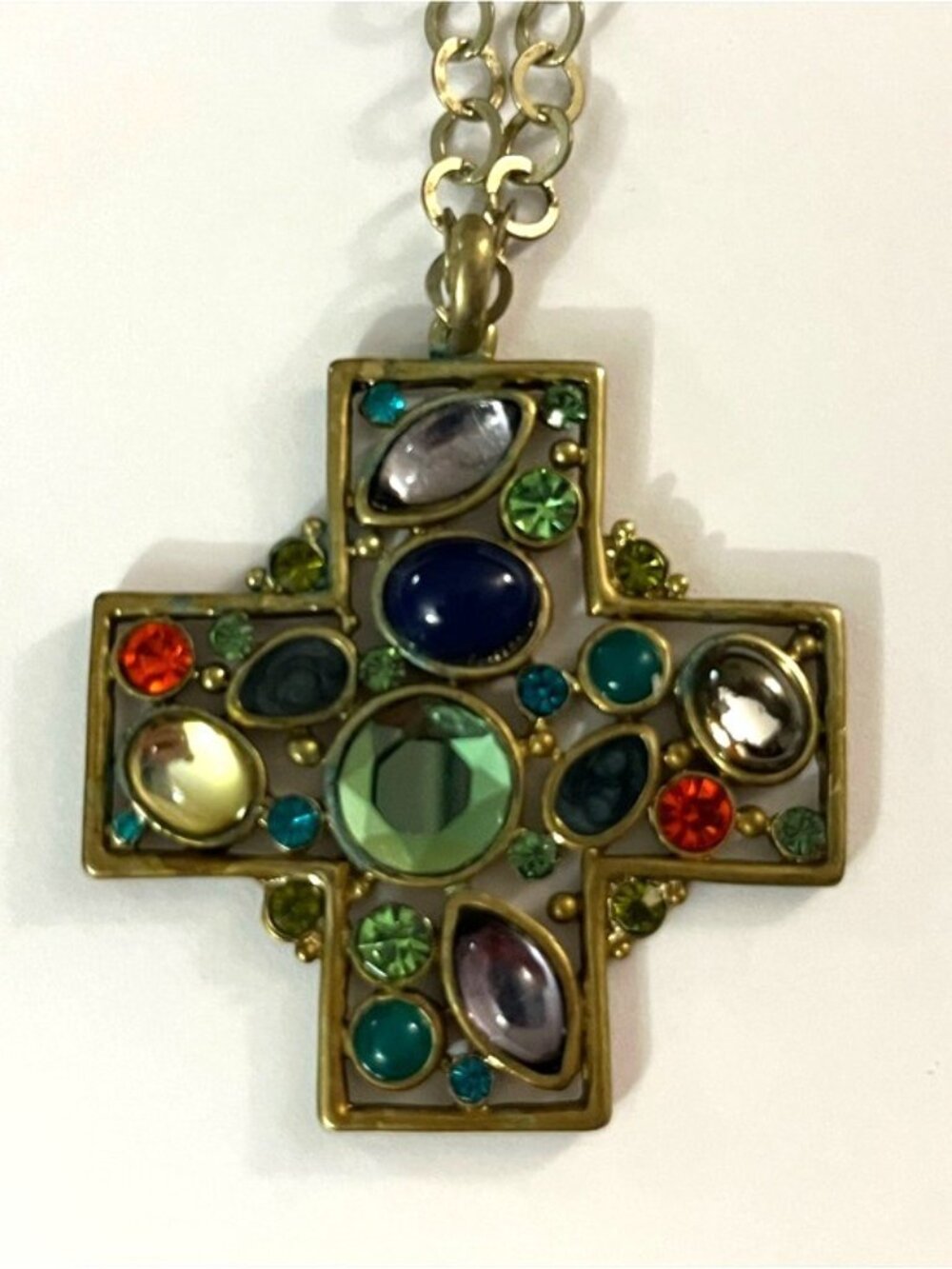 Gold-Tone Multicolor Gem Cross Necklace